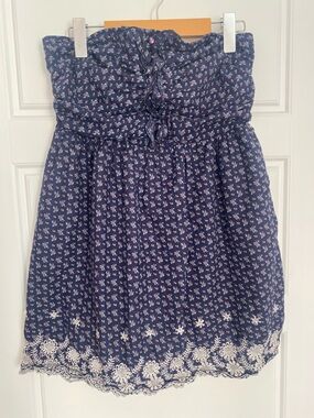Women’s L Navy Floral Strapless Tunic / Mini Dress with Lace Hem Fairy Prairie
